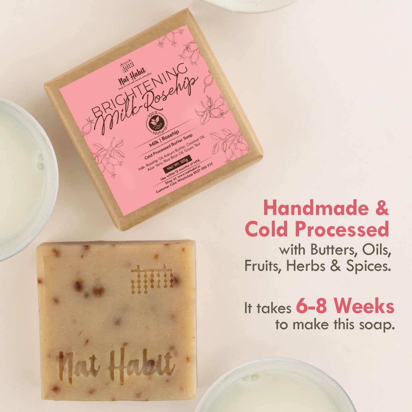 Nat Habit Cold Process Milk Rosehip Butter Bath Soap - Vit C For Skin Cleansing, Whitening &Handmade