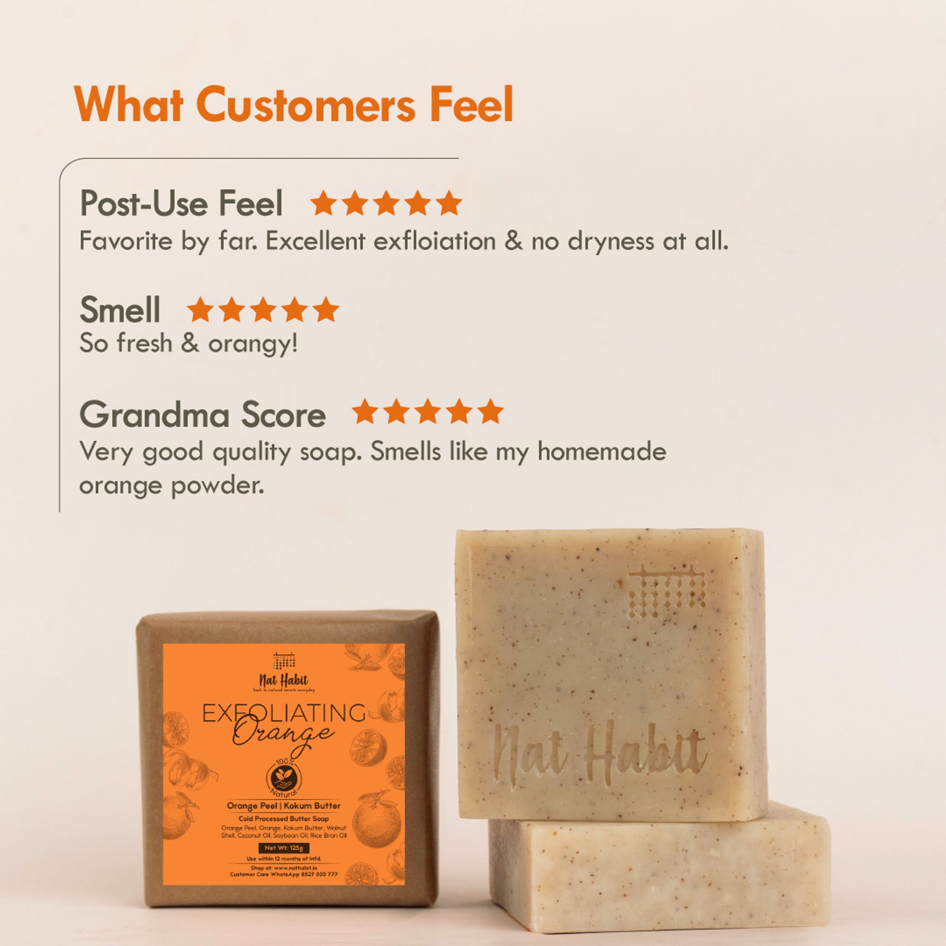 Nat Habit Cold Process Vitamin C Orange Handmade Butter Soap for Exfoliation, Whitening & Dark Spots