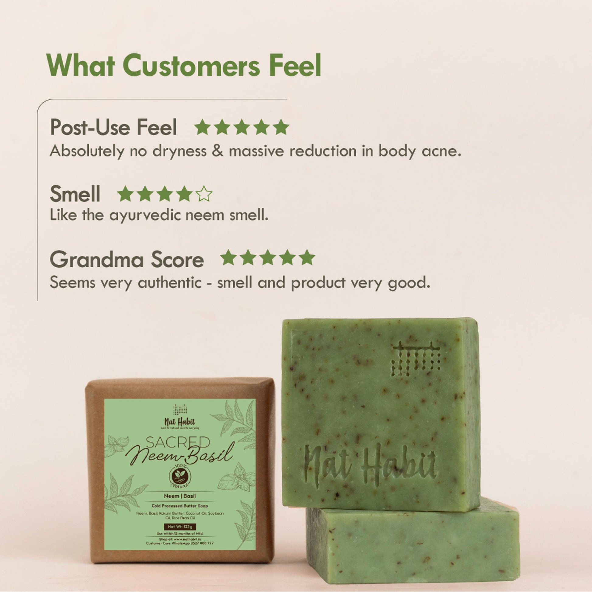 Nat Habit Cold Processed Neem Basil Butter Bath Soap- Antibacterial, Dark Spots, De-Tan & Handmade