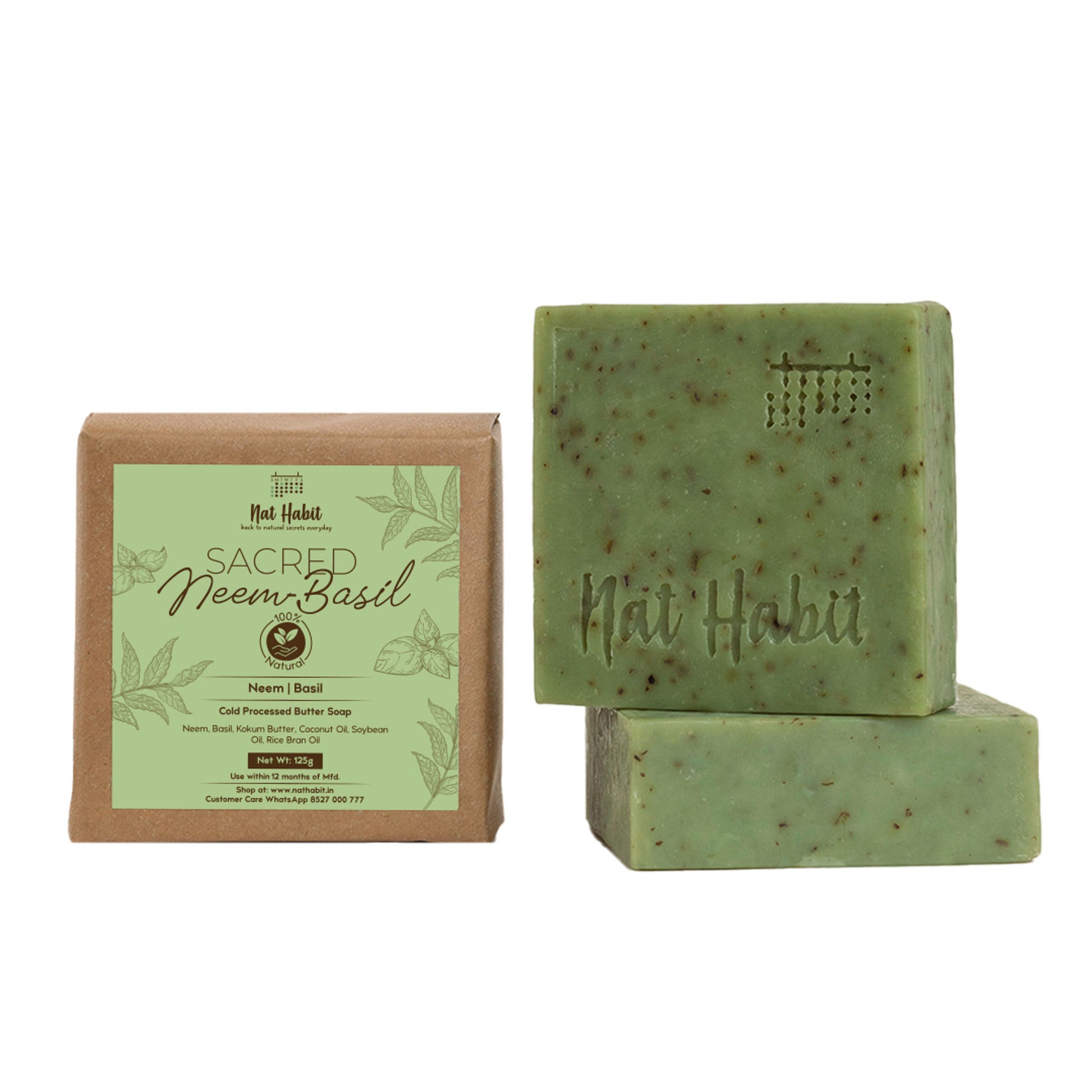 Nat Habit Cold Processed Neem Basil Butter Bath Soap- Antibacterial, Dark Spots, De-Tan & Handmade