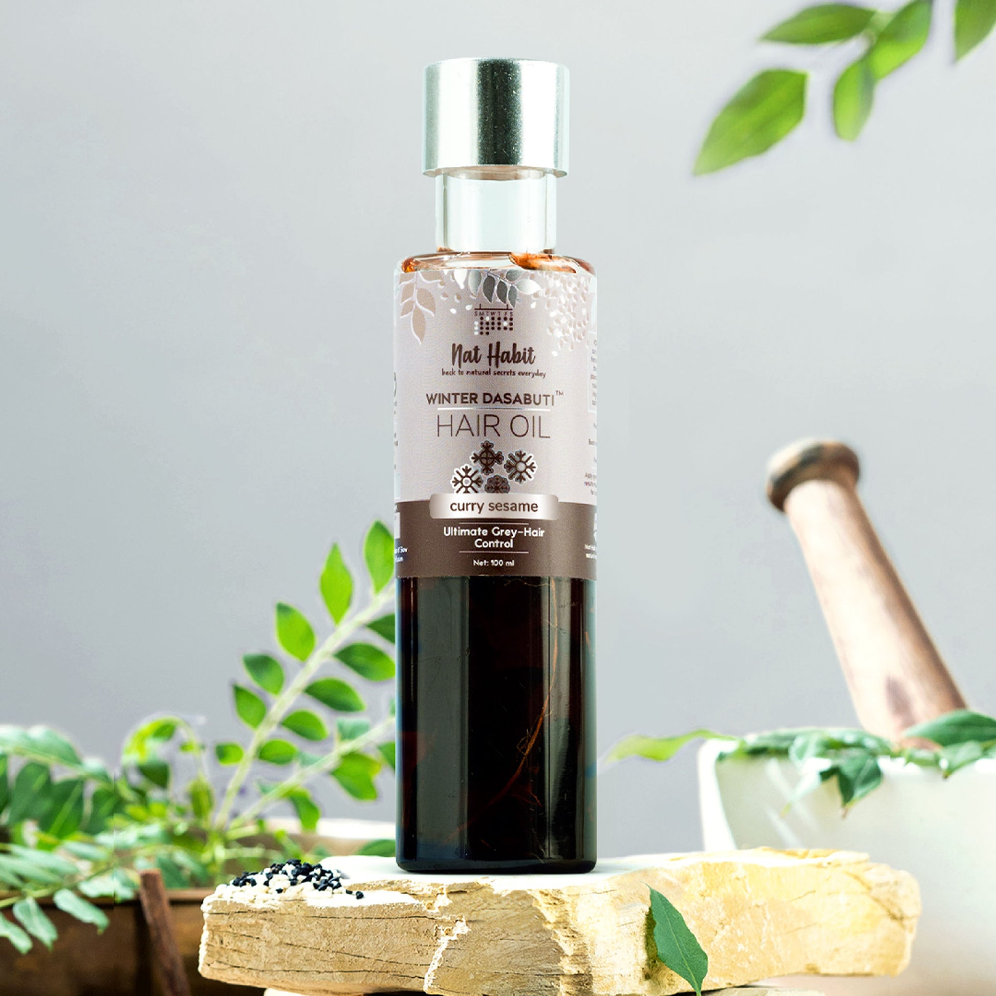 Nat Habit Curry Sesame Grey Hair Control Ayurvedic Oil With Indigo & Curry Leaves Retain Hair Colour