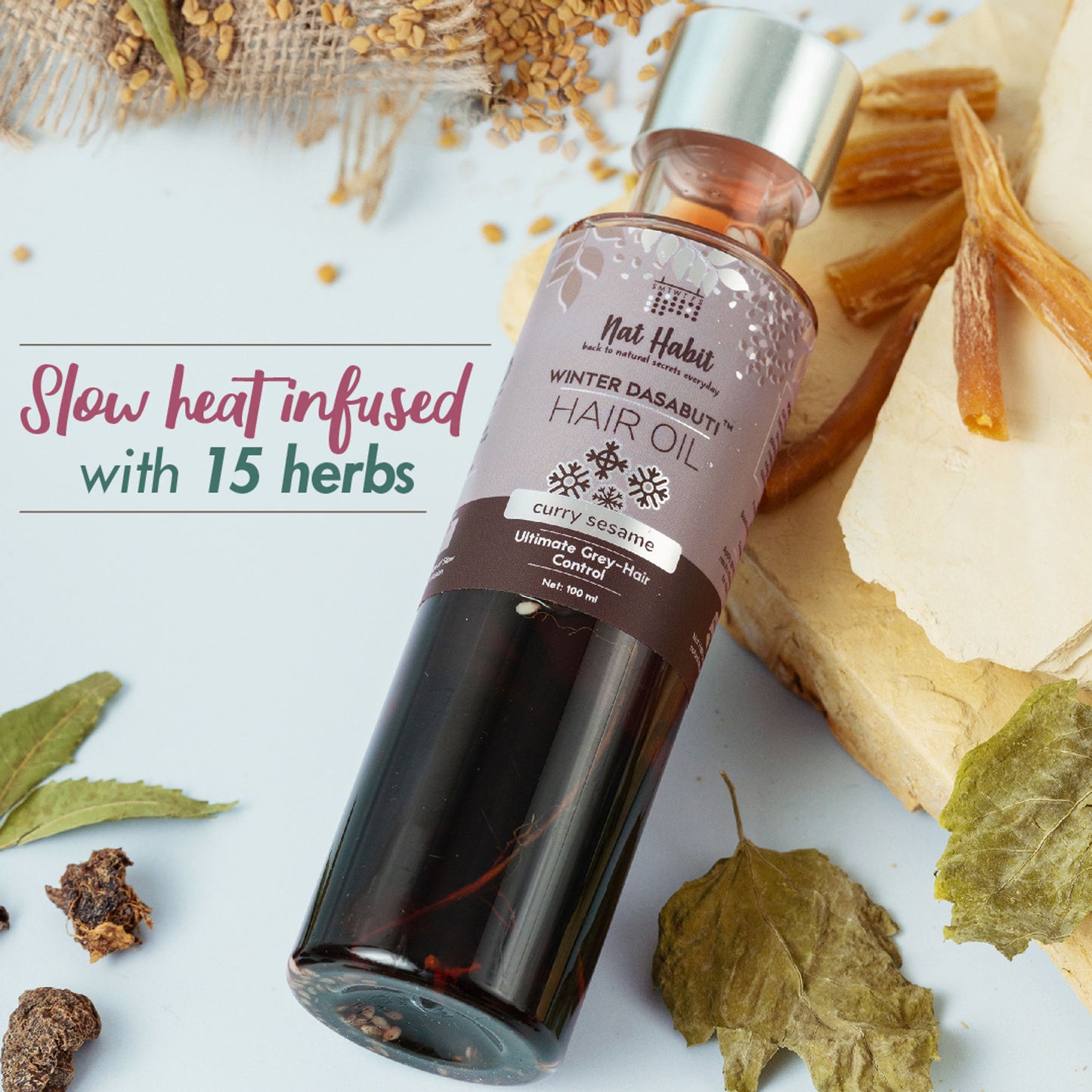 Nat Habit Curry Sesame Grey Hair Control Ayurvedic Oil With Indigo & Curry Leaves Retain Hair Colour
