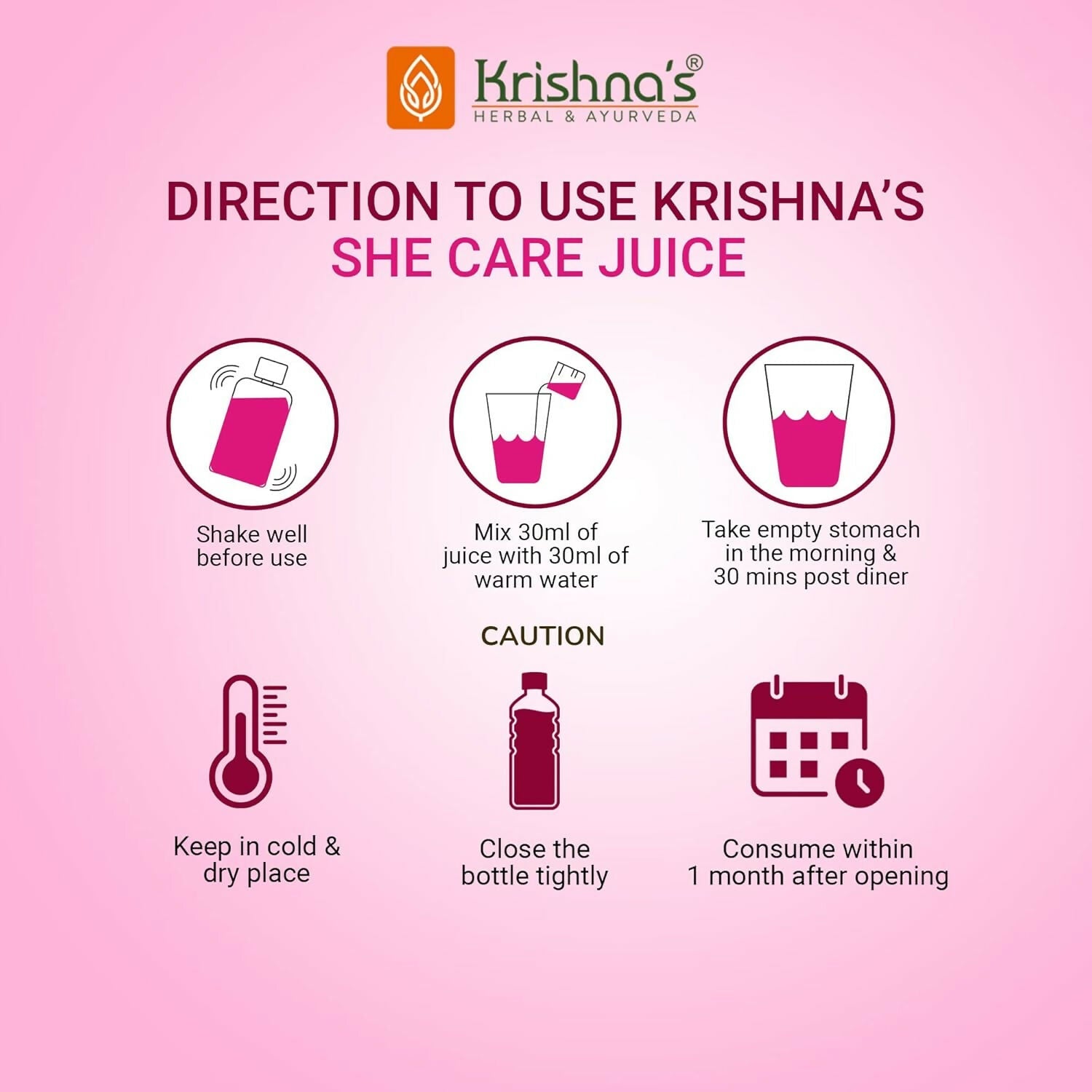 Krishna's Herbal & Ayurveda She Care Juice for women wellness, Ayurvedic syrup with herbal ingredients in a glass bottle.