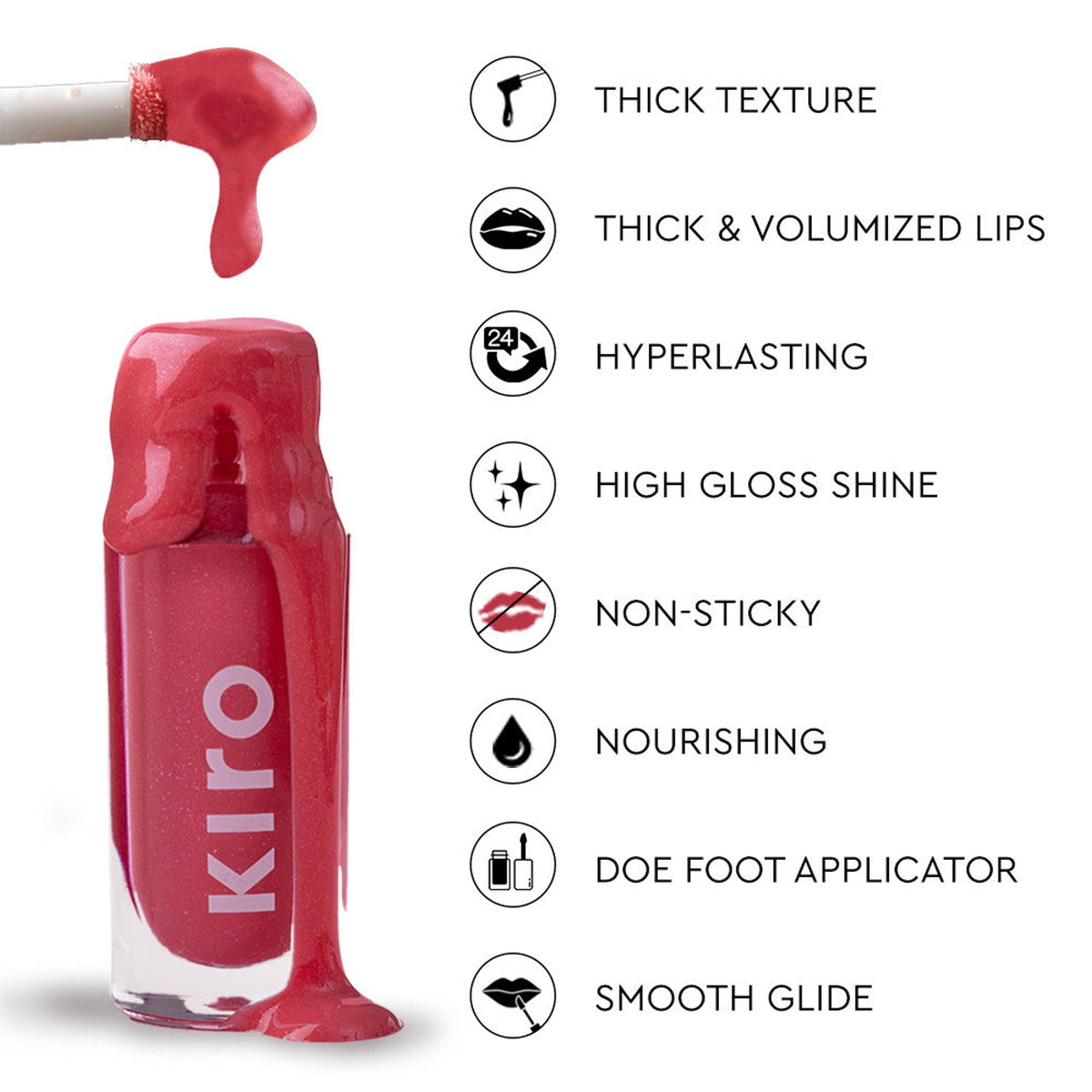KIRO Rizz Lip Gloss in shade 01 Pop My Berry showing a glossy, berry-colored lip gloss tube with the brand logo.