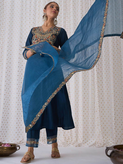 Indyancart IE Floral Embroidered Round Neck Liva Straight Kurta with Trousers & Dupatta