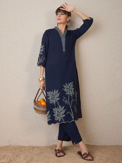 Indyancart IE Embroidered Three-Quarter Sleeves Pure Cotton Tunic With Trouser