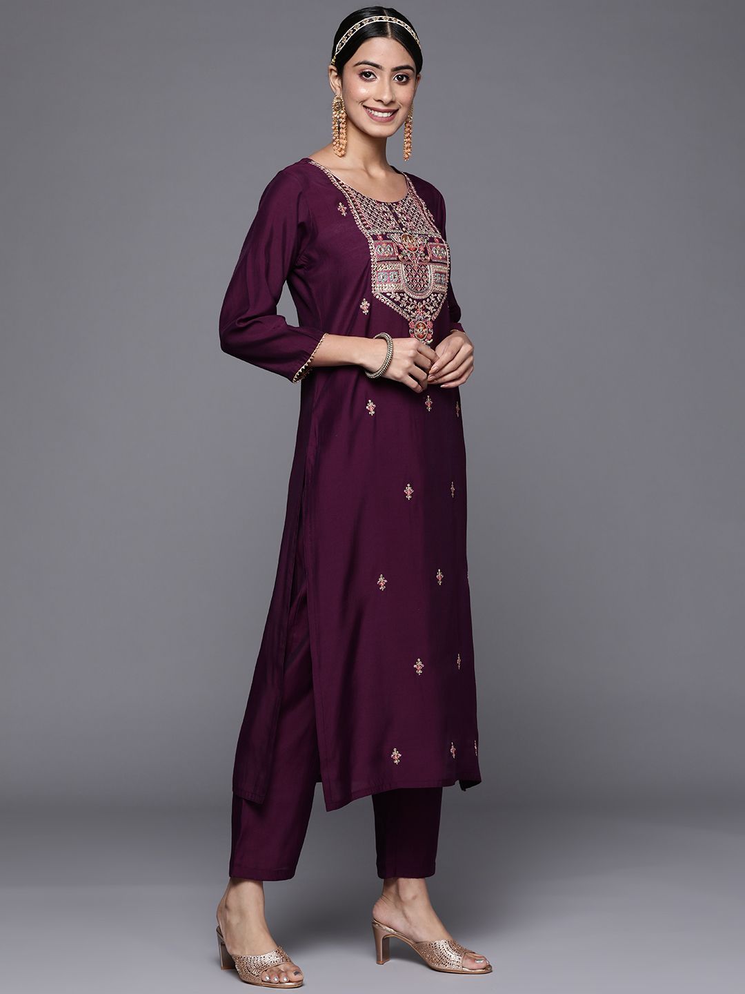 Indyancart VA Women's Aubergine & Gold Ethnic Embroidered Straight Kurta with Trousers Dupatta