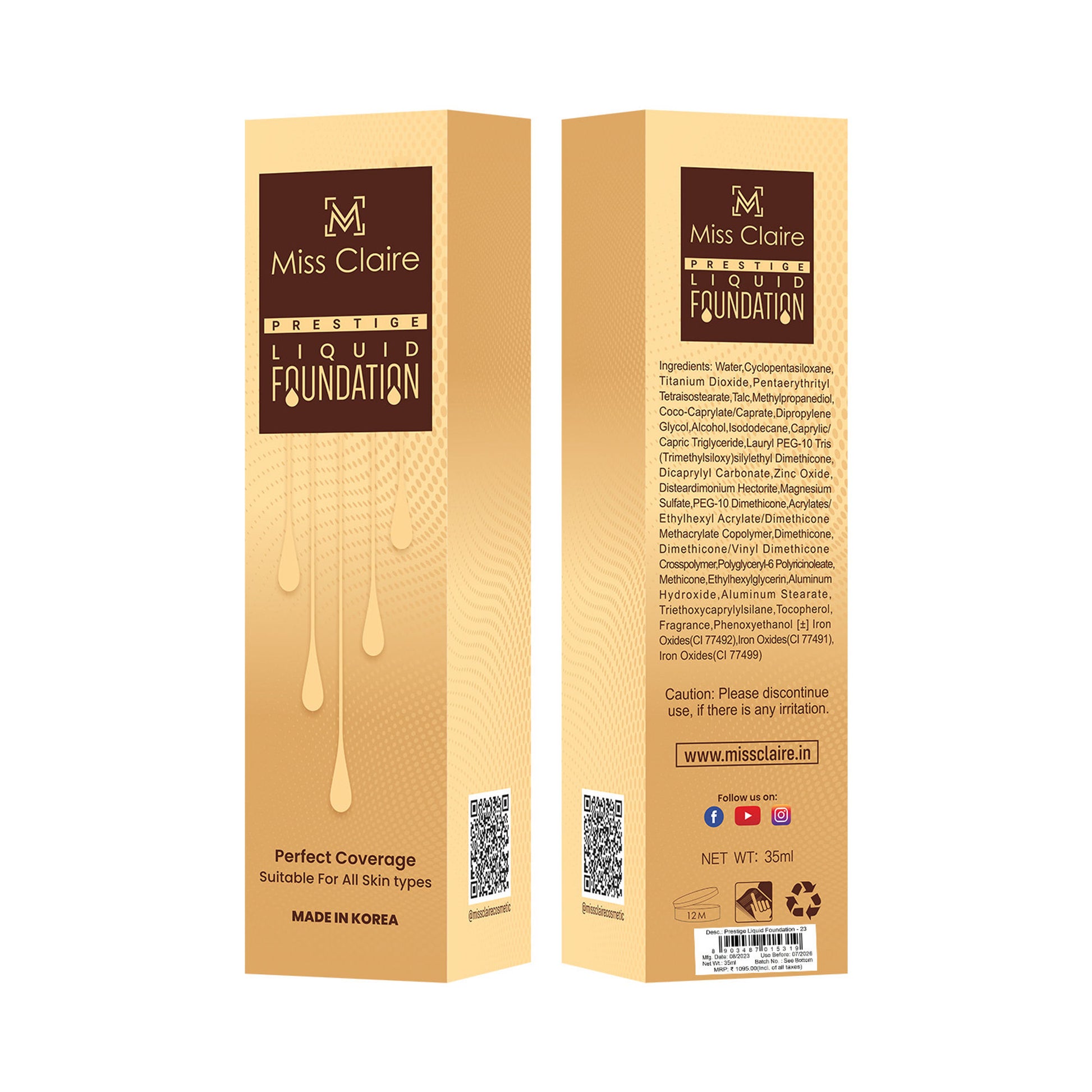 Miss Claire Prestige Liquid Foundation Perfect Coverage - 23 Skin Beige