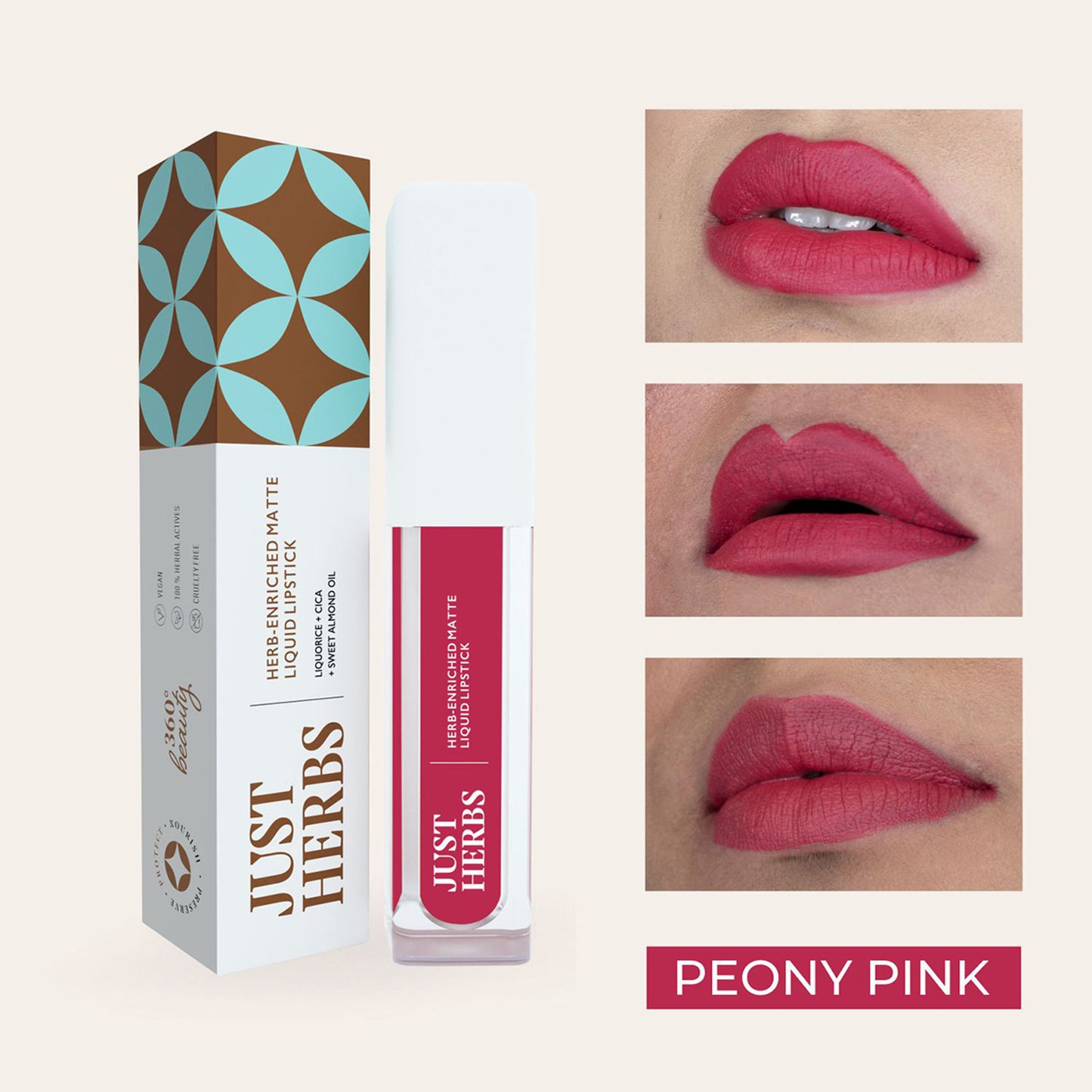 Just Herbs Vegan Matte Liquid Lipstick, Hibiscus Red, Festive Bold & Nourishing - Peony Pink