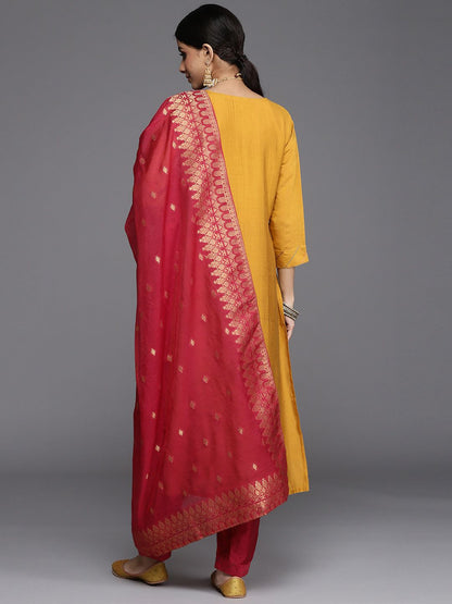 Indyancart VA Women's Mustard Yellow Ethnic Motifs Embroidered Kurta with Trousers & Dupatta