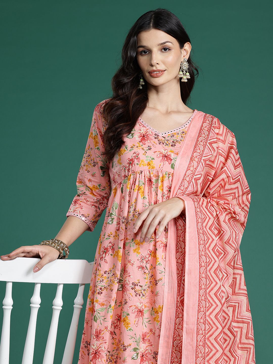 Indyancart IE Floral Printed Empire Mirror Work Pure Cotton Kurta With Trousers & Dupatta