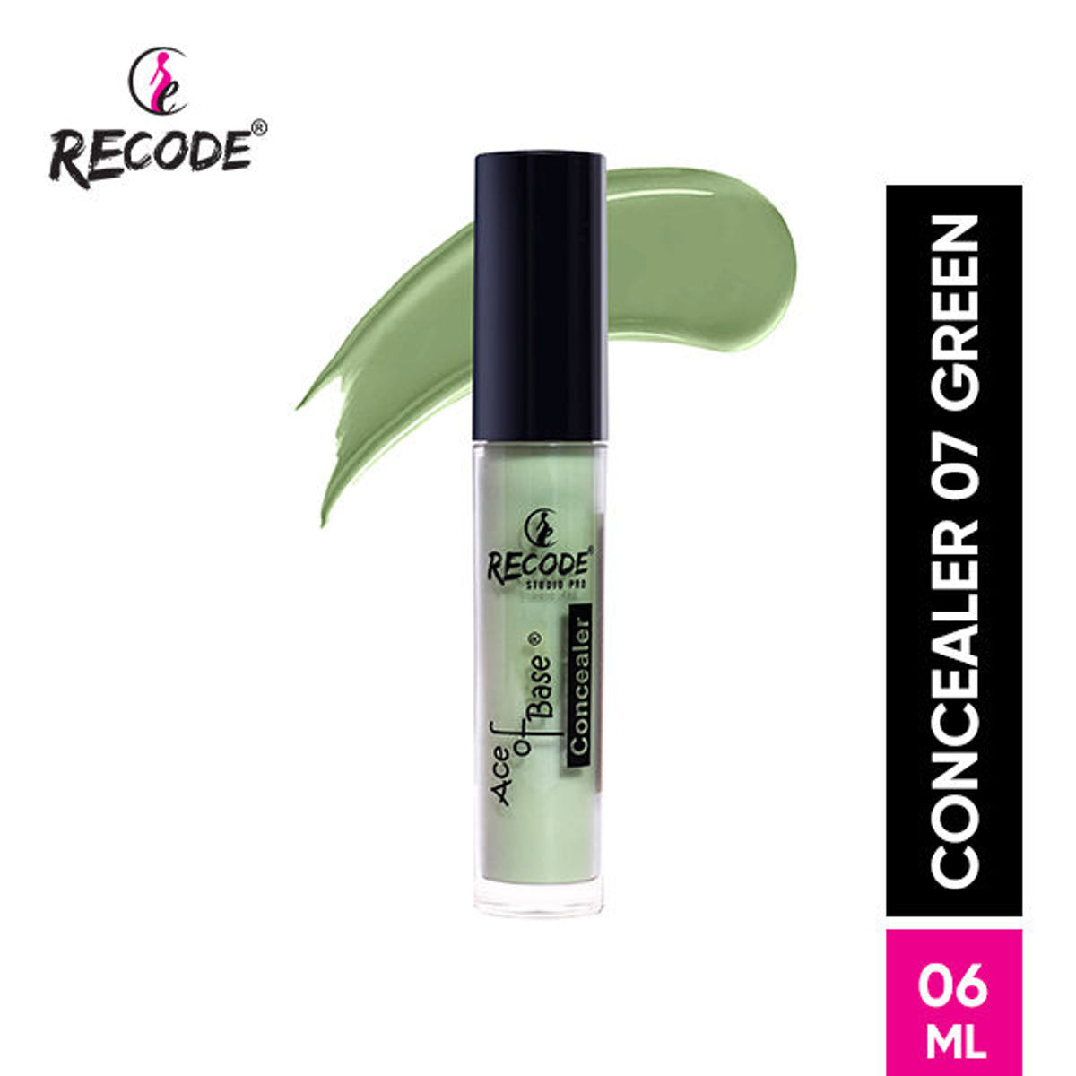 Recode Ace Of Base Concealer in shade 07 Green, featuring a sleek container with green-tinted concealer for color correction.