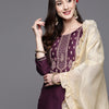 Dhiyona IE Women Purple Ethnic Motifs Yoke Design Thread Work Kurta with Trousers & Dupatta