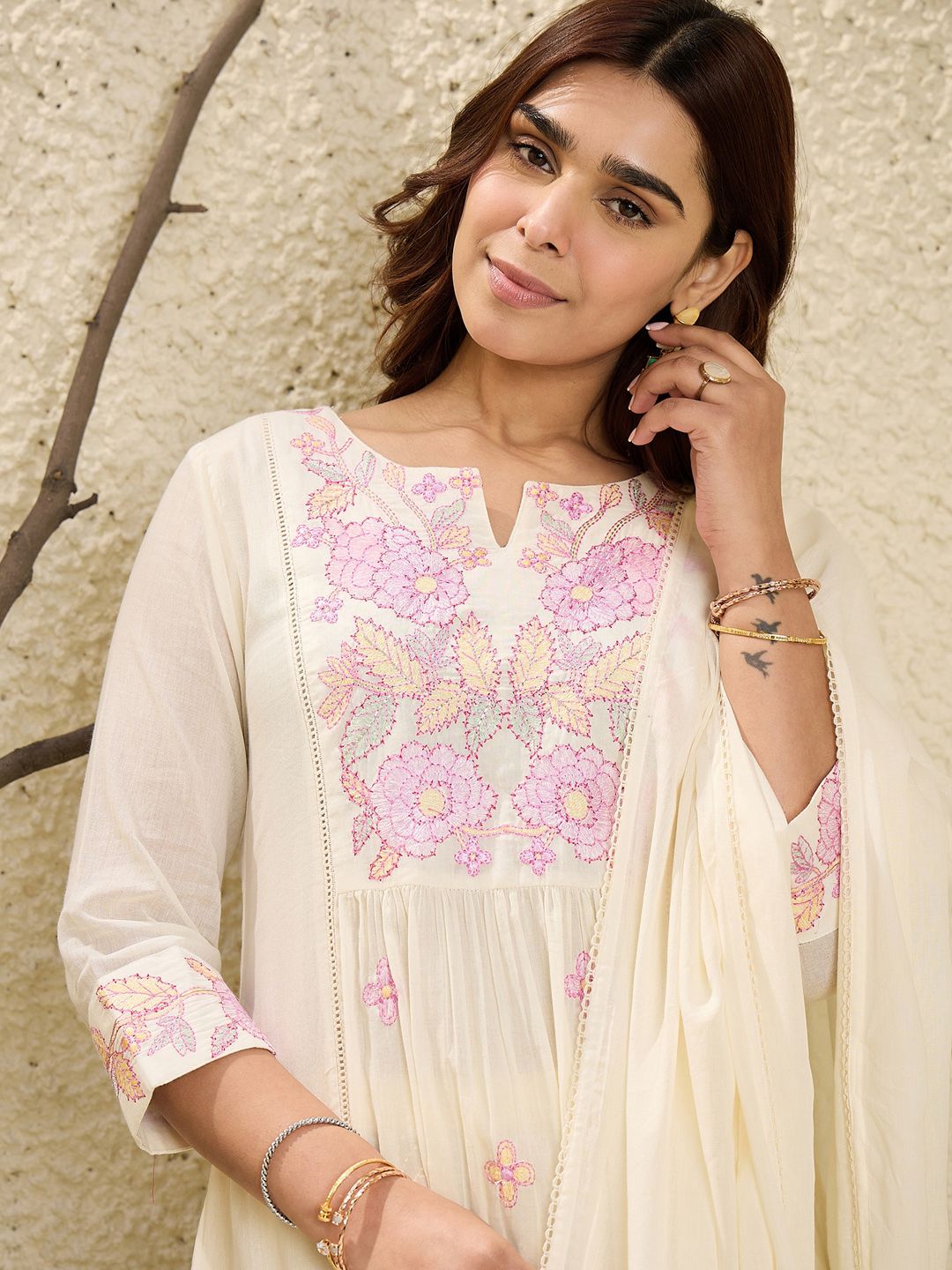 Floral Embroidered Mirror Work Pure Cotton A-Line Kurta With Trousers & Dupatta