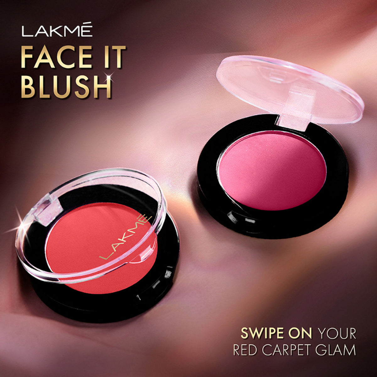 Lakme Face It Blush in Natural Rose, close-up of the soft pink powder blush with a compact case.
