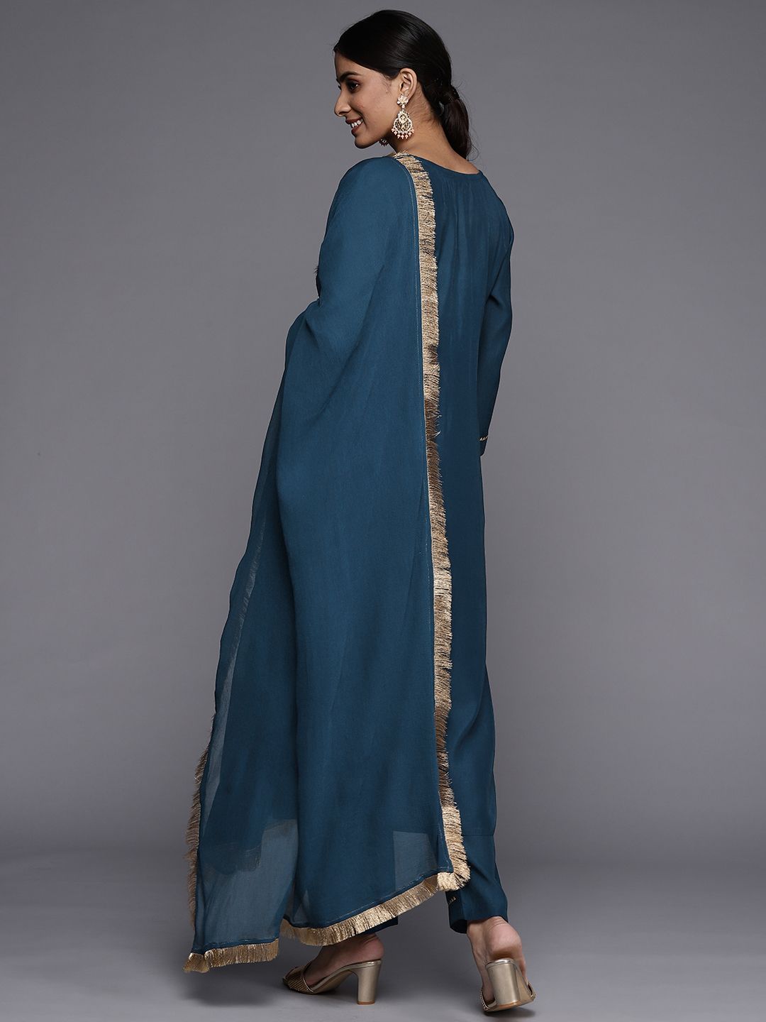 Indyancart VA Women's Teal Ethnic Motifs Embroidered Kurta with Trousers & With Dupatta