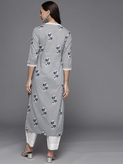 Indyancart IE Women Grey & Blue Floral Printed Pure Cotton Kurta