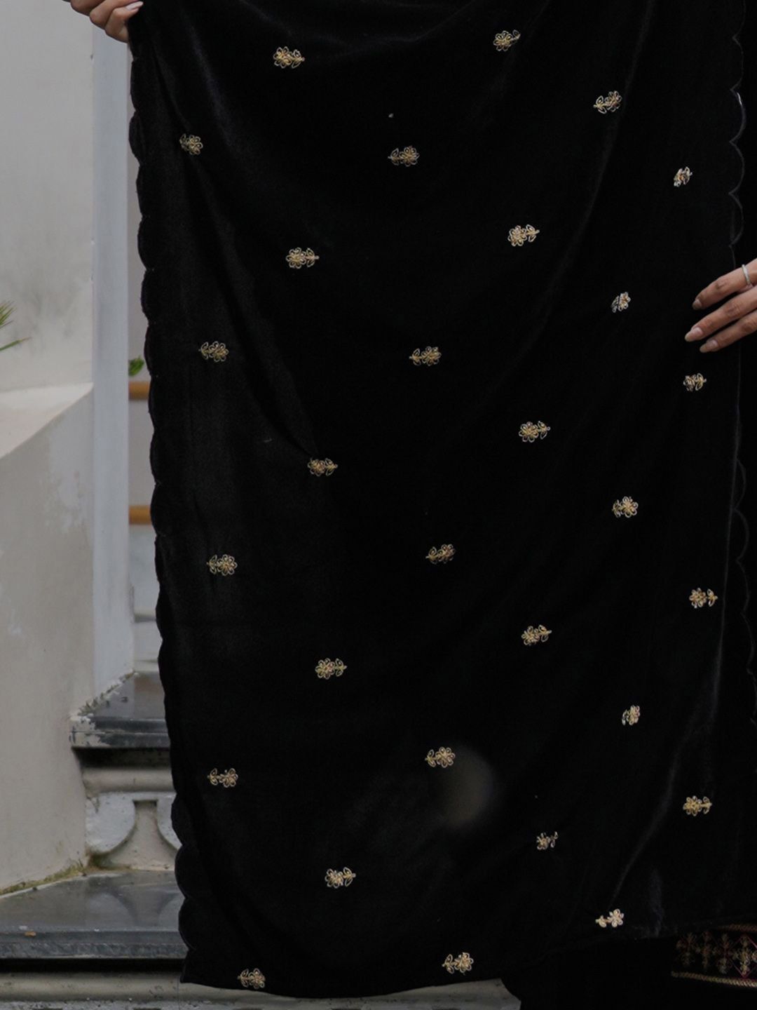 Indyancart IE Ethnic Motifs Embroidered Velvet Kurta with Trousers & Dupatta
