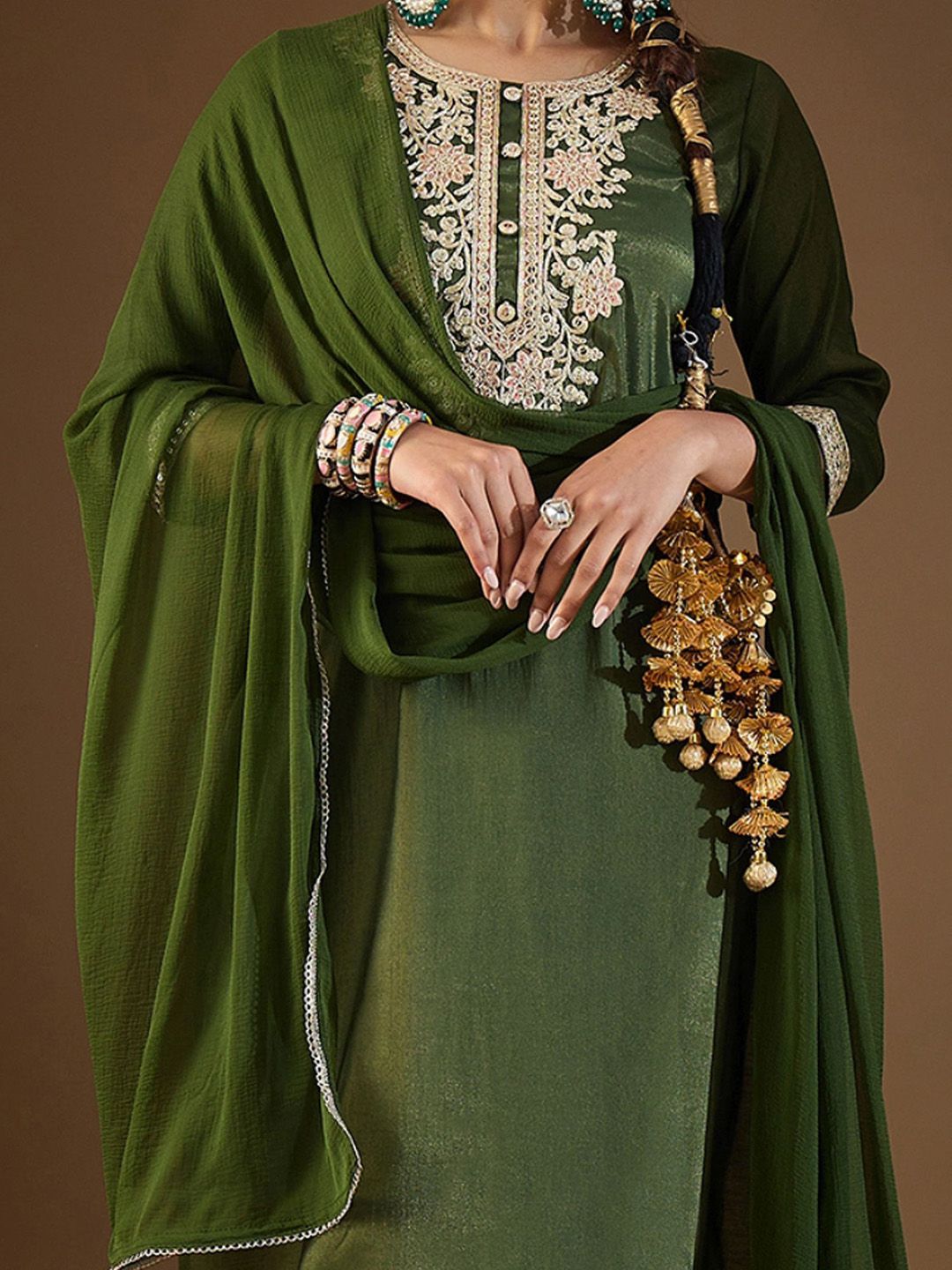 Indyancart IE Women Ethnic Motifs Embroidered Regular Kurta with Trousers & With Dupatta