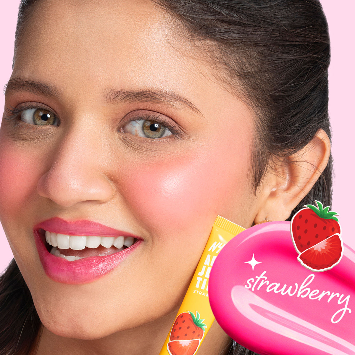 Nykaa Cosmetics Aqua Jelly Lip and Cheek Water Tint in Strawberry, showcasing the vibrant red jelly texture on a product display.