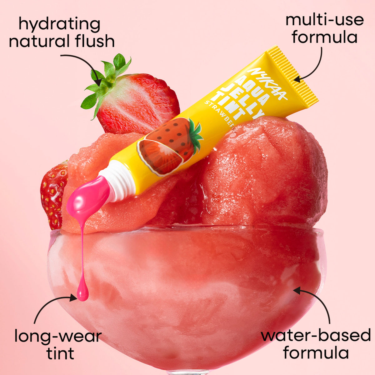 Nykaa Cosmetics Aqua Jelly Lip and Cheek Water Tint in Strawberry, showing the vibrant pink product in a sleek container.