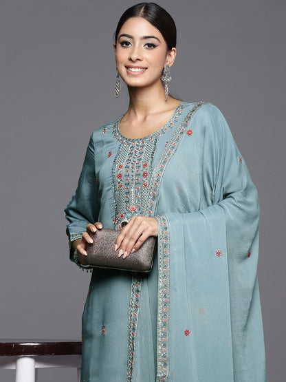 Indyancart VA Women's Floral Embroidered Regular Sequined Kurta with Trousers & Dupatta