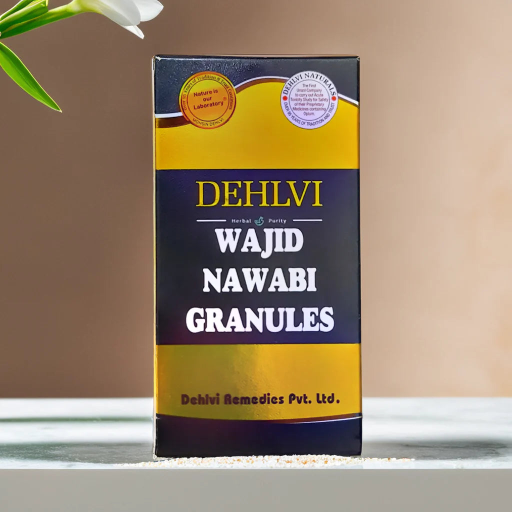 Dehlvi Wajid Nawabi Granules, Ayurvedic product, showing a close-up of the herbal granules in a container.