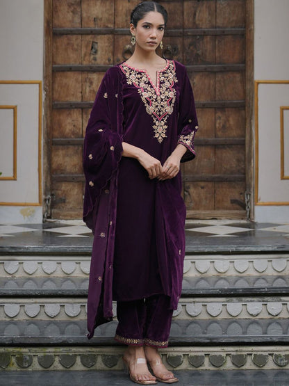Indyancart IE Women Ethnic Motifs Embroidered Regular Velvet Kurta with Trousers & With Dupatta