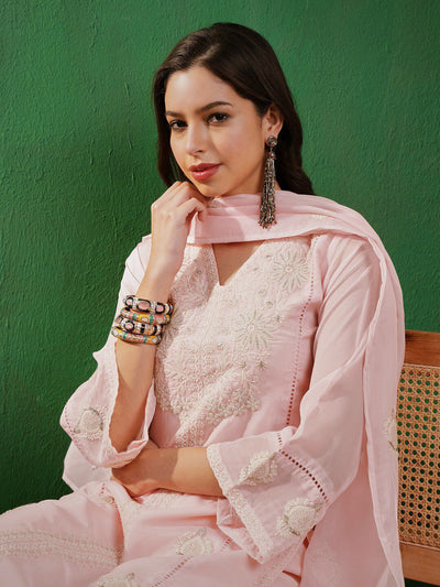 Indyancart SN Women's Peach & White Floral Embroidered Organza Straight Kurta With Trouser & Dupatta