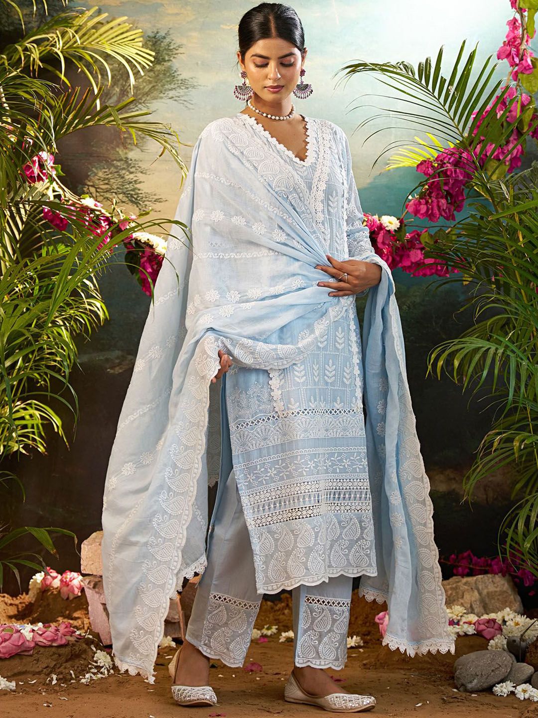 Women Ethnic Motifs Embroidered Cotton Kurta with Trousers & Dupatta