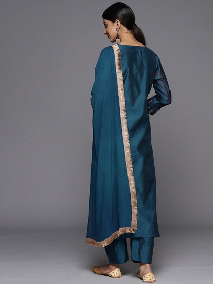 Dhiyona VA Women'sFloral Yoke Design Regular Sequinned Chanderi Silk Kurta with Trousers & Dupatta