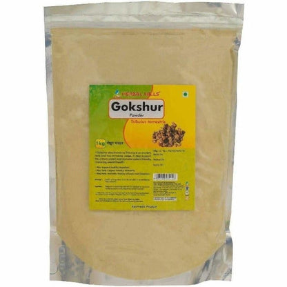 Herbal Hills Gokshur Powder in a clear plastic bag, Ayurvedic herbal powder used for health and wellness.