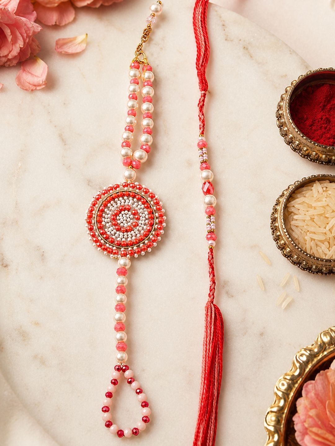 Anouk Set Of 2 Gold Toned Pearls & Beads Round Shape Bhaiya Bhabhi Rakhi With Roli Chawal