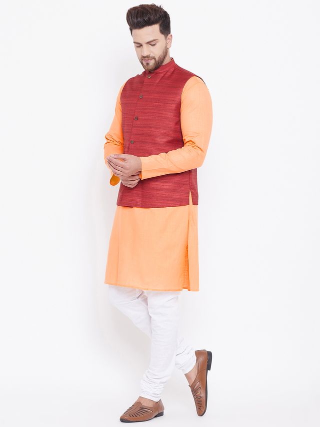 Men's Fawn Cotton Blend Straight Jacket  Kurta and Pyjama Set