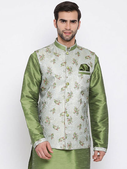 Men's Green Cotton Silk Straight Jacket  Kurta and Pyjama Set