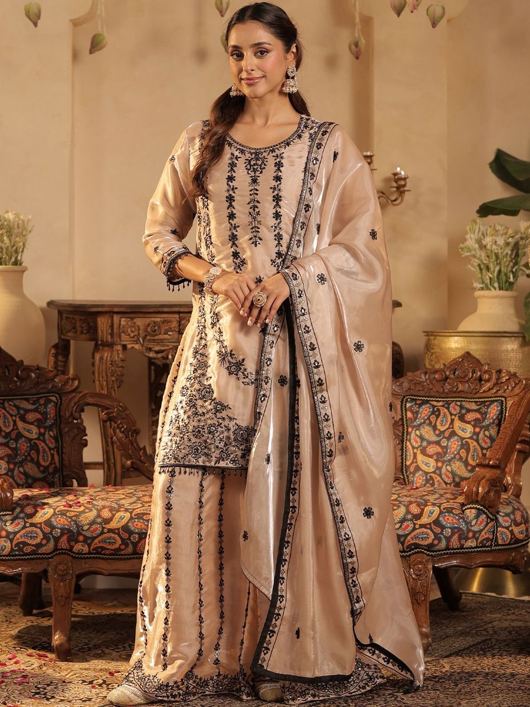 Women Ethnic Motifs Embroidered Regular Beads and Stones Kurta Set With Dupatta