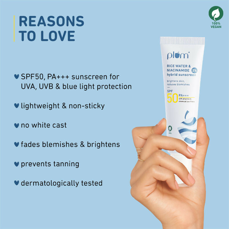 Plum Niacinamide SPF 50 PA+++ sunscreen tube showing smooth, lightweight formula designed to reduce tan without white cast.
