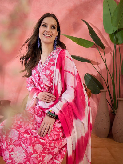 Indyancart SN Women's Pink Floral Printed Pure Cotton A-Line Kurta With Trouser And Dupatta