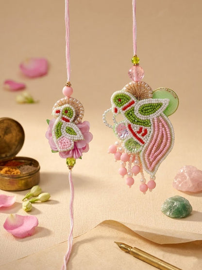 Anouk Set Of 2 Leaf Design Pearls & Artificial Stones Bhaiya Bhabhi Rakhi With Roli Chawal