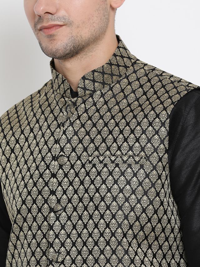Men's Black Silk Blend Straight Jacket  Kurta and Pyjama Set