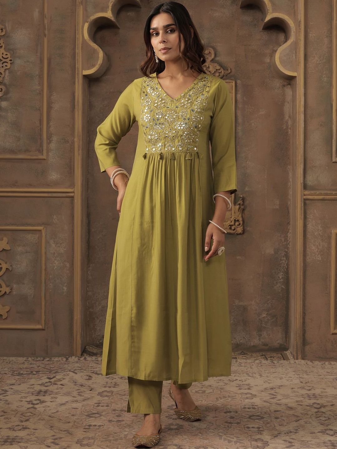 Women Green Silk Blend Ethnic Motifs Empire Mirror Work Kurta Trousers & Dupatta