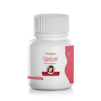 NutroActive Lipolyzer Ayurvedic tablets for hips and thighs weight management, showing the packaging and tablets.
