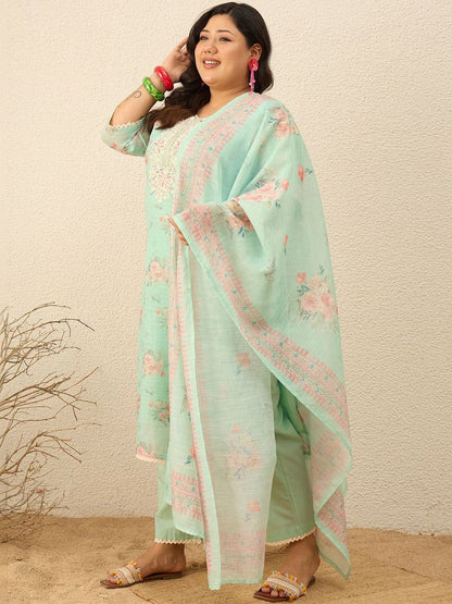 Indyancart Women's Floral Embroidered Regular Gotta Patti Kurta with Trousers & With Dupatta
