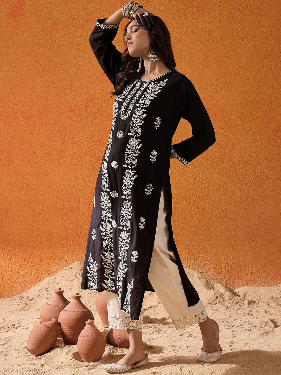Indyancart IE Floral Embroidered Straight Kurta