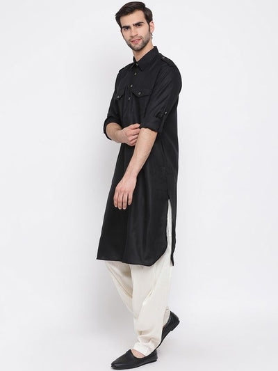 Men's Black Cotton Blend Pathani Pathani Kurta Set
