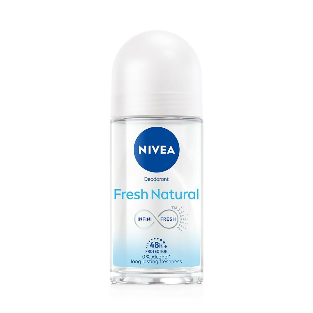 Nivea Fresh Natural Roll-On deodorant for women, 48-hour protection, smooth and beautiful underarms, underarm cream in a white and blue bottle.
