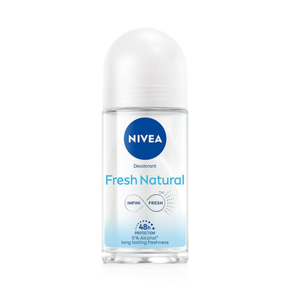 Nivea Fresh Natural Roll-On deodorant for women, 48-hour protection, smooth and beautiful underarms, underarm cream in a white and blue bottle.
