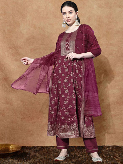 Indyancart SN Women's Floral Woven Design Kurta with Trouser & Dupatta