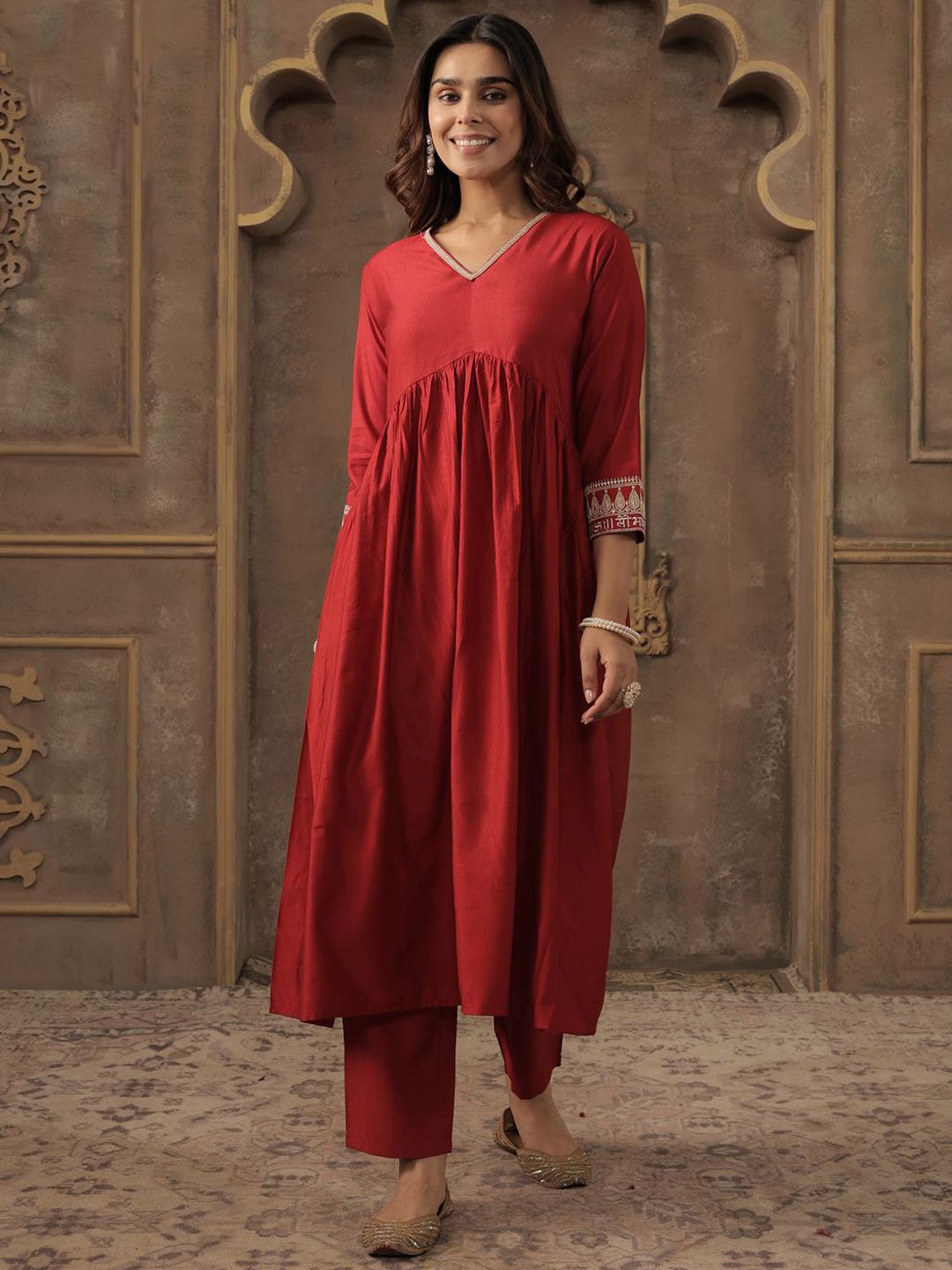 V-Neck Pleated A-Line Kurta With Trousers