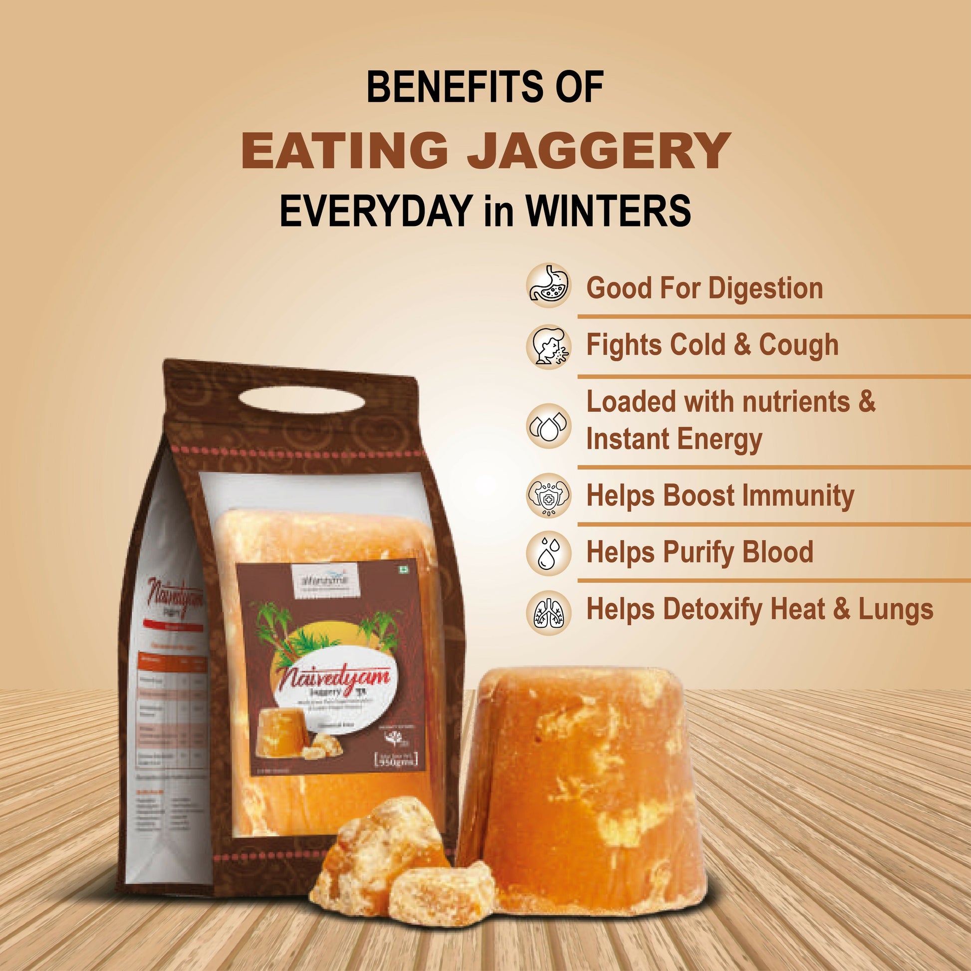 Naivedyam chemical-free jaggery cubes, unrefined brown sugar blocks with textured surface and natural color, in a clear container.